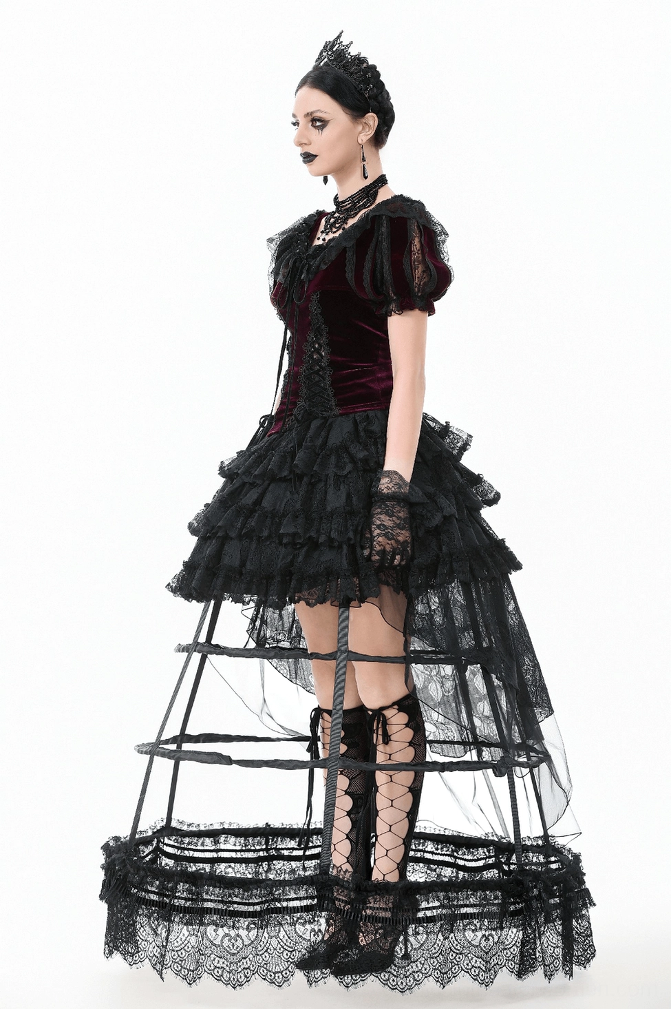 Full garment view of burgundy bolero shrug displaying layered construction and lace trim elements
