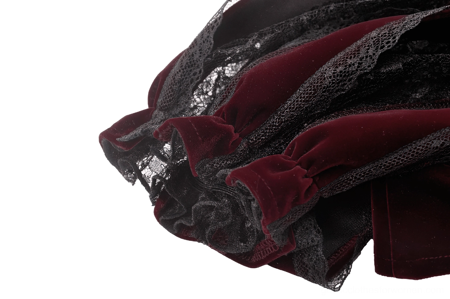 Burgundy Victorian bolero shrug styled over off-shoulder gothic dress for elegant dark romantic look