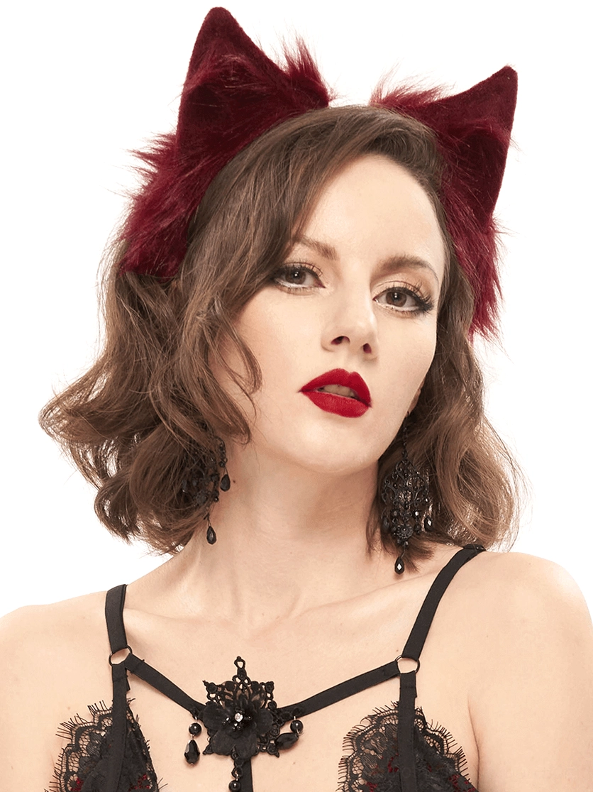 Burgundy faux fur cat ear headband worn by model in gothic black lace lingerie, three-quarter front view