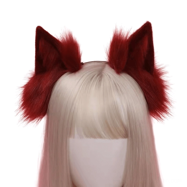 Burgundy faux fur cat ear headband on mannequin with straight wig, clean studio showcase
