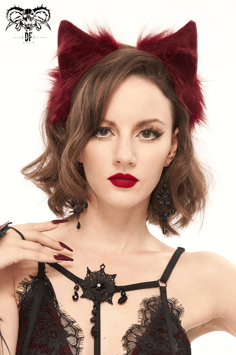 Burgundy faux fur cat ear headpiece with feather-trimmed lace gloves, three-quarter front angle