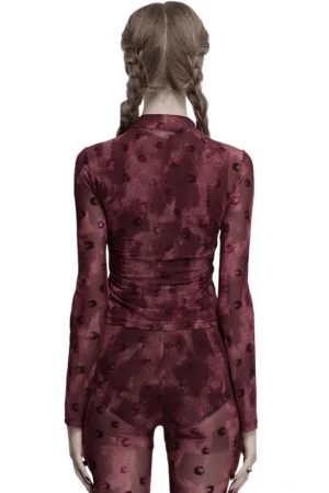 Burgundy moon print sheer mesh top and matching pants set, back full-body view on model with gothic styling