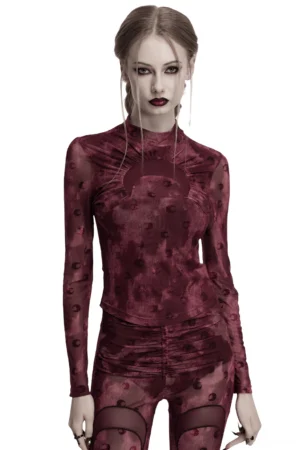 Burgundy crescent moon mesh gothic long sleeve top front view on model, featuring mock high neck and all-over celestial print pattern