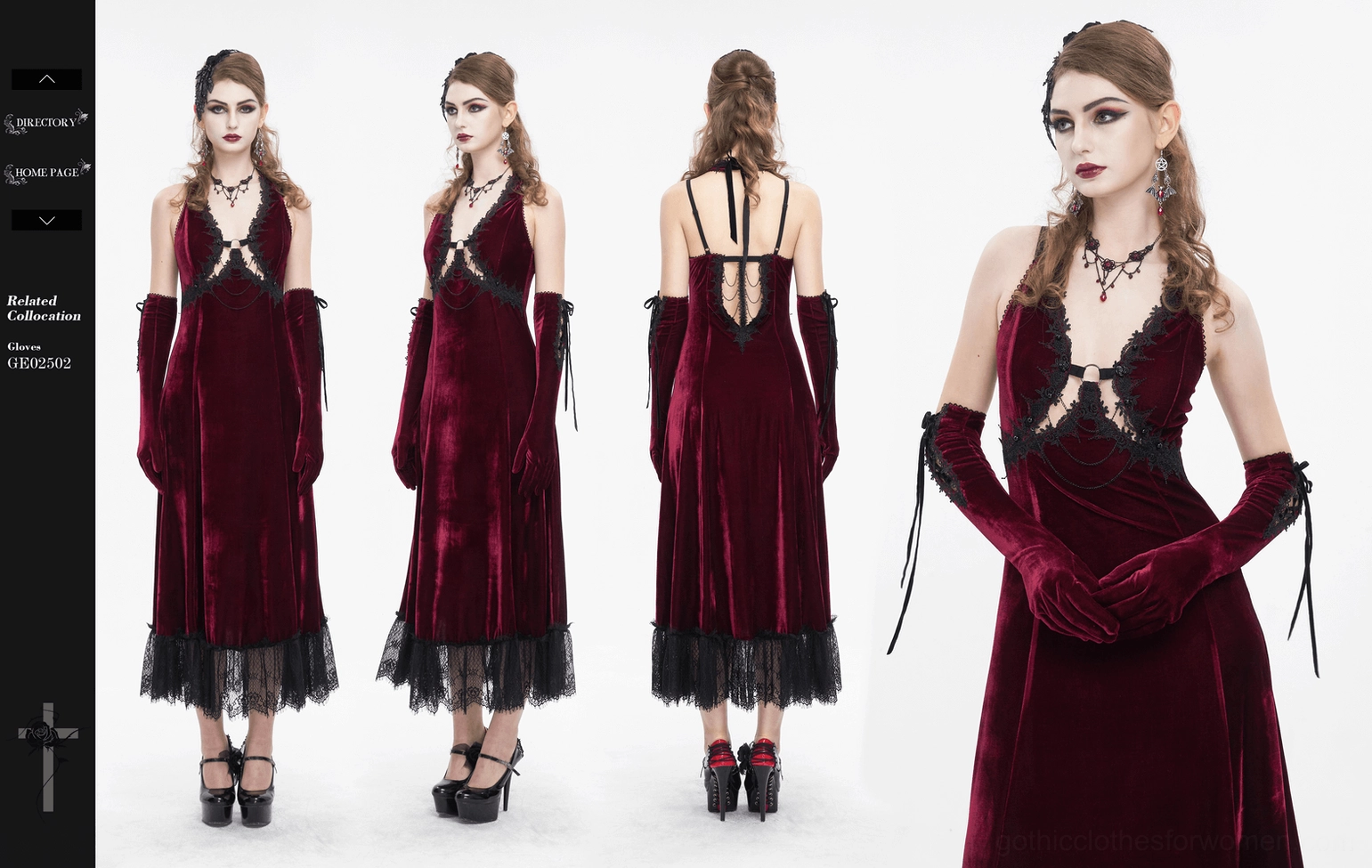 Burgundy goth velvet dress detail shot highlighting black lace hem and scalloped edge finish on maxi length