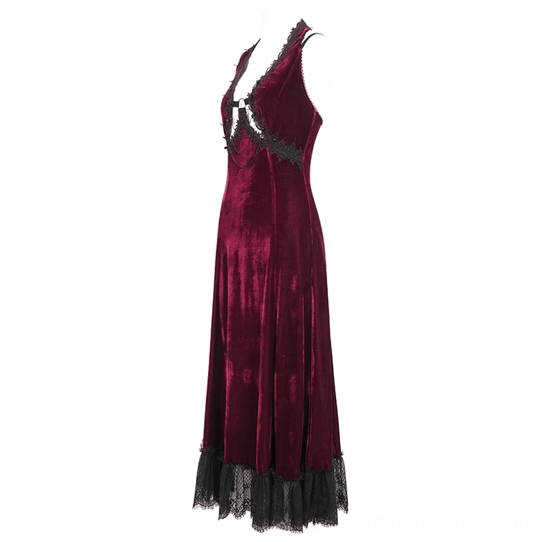 Burgundy velvet goth dress with sleeveless design and black floral lace hem, flat lay front full-body display