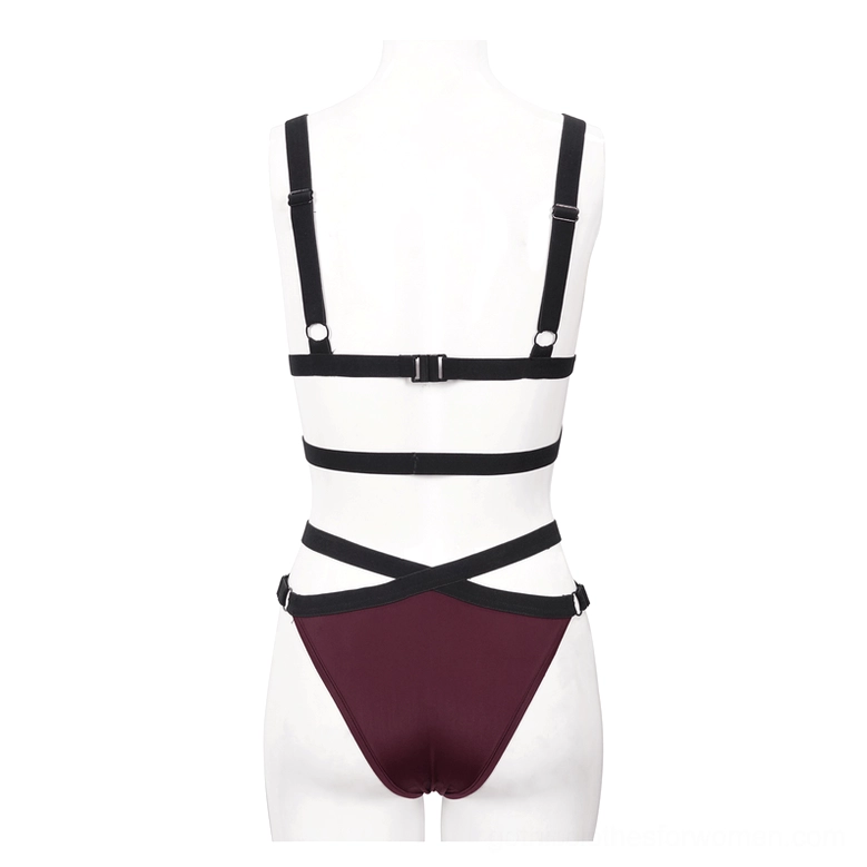 Burgundy gothic bikini back mannequin view featuring adjustable back buckles and crisscross back strap construction