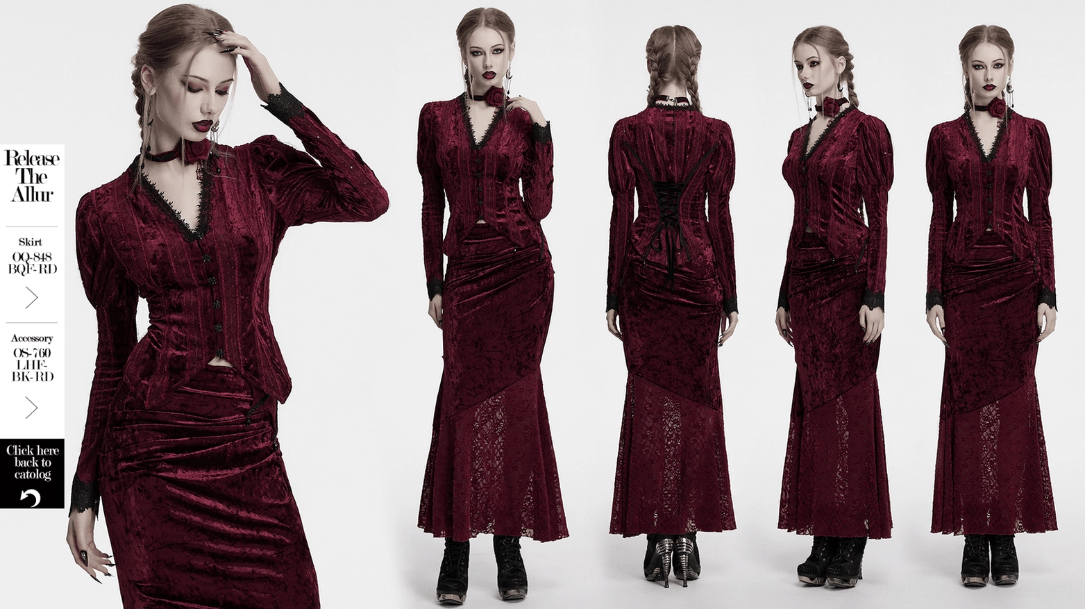 Alternative styling perspective of burgundy velvet gothic blouse with lace-up back and gigot sleeves from studio photography session