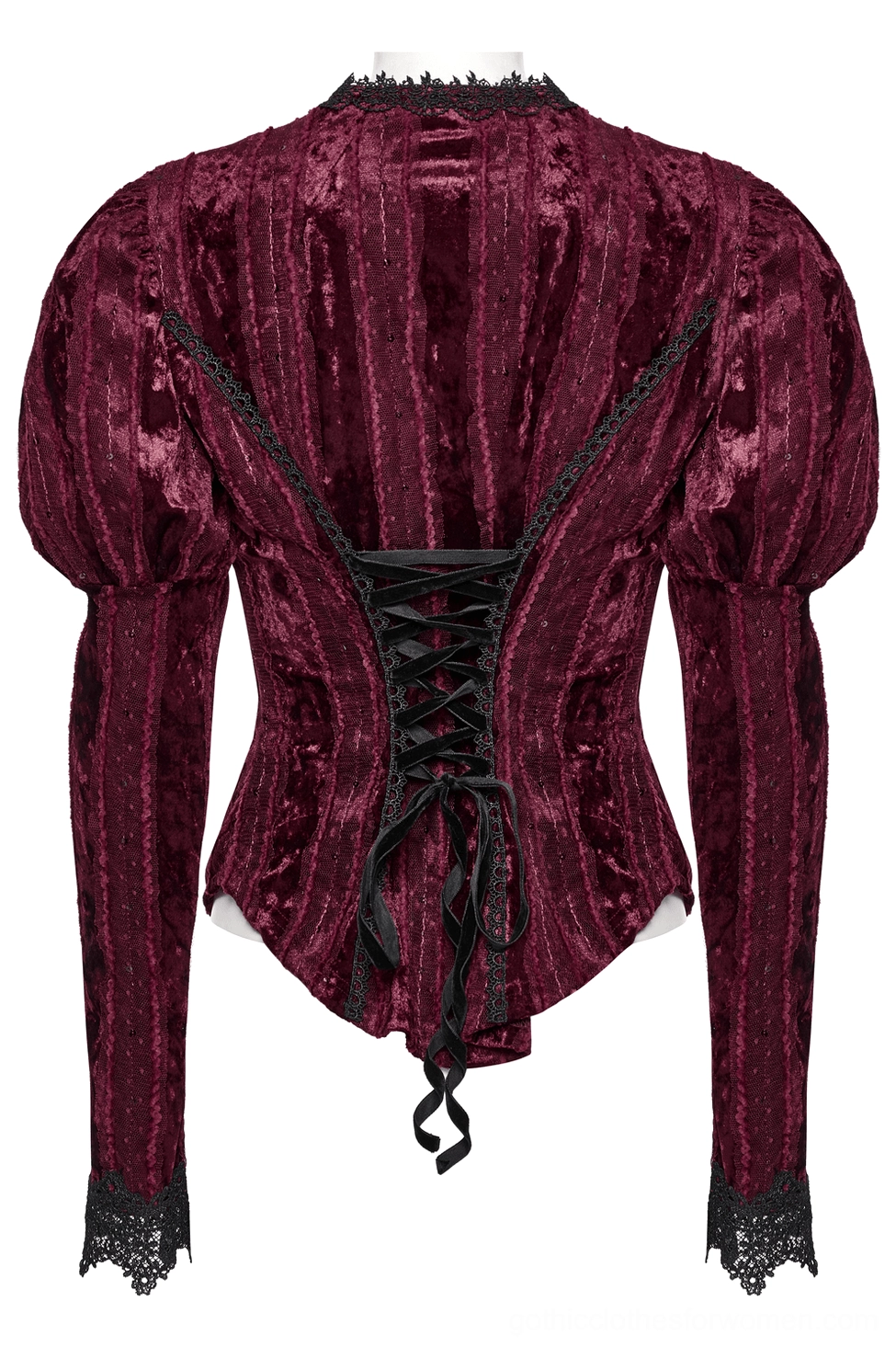 Back view of burgundy striped velvet gothic blouse on dress form showcasing corset lace-up back, dramatic gigot sleeves, and textured velvet pattern