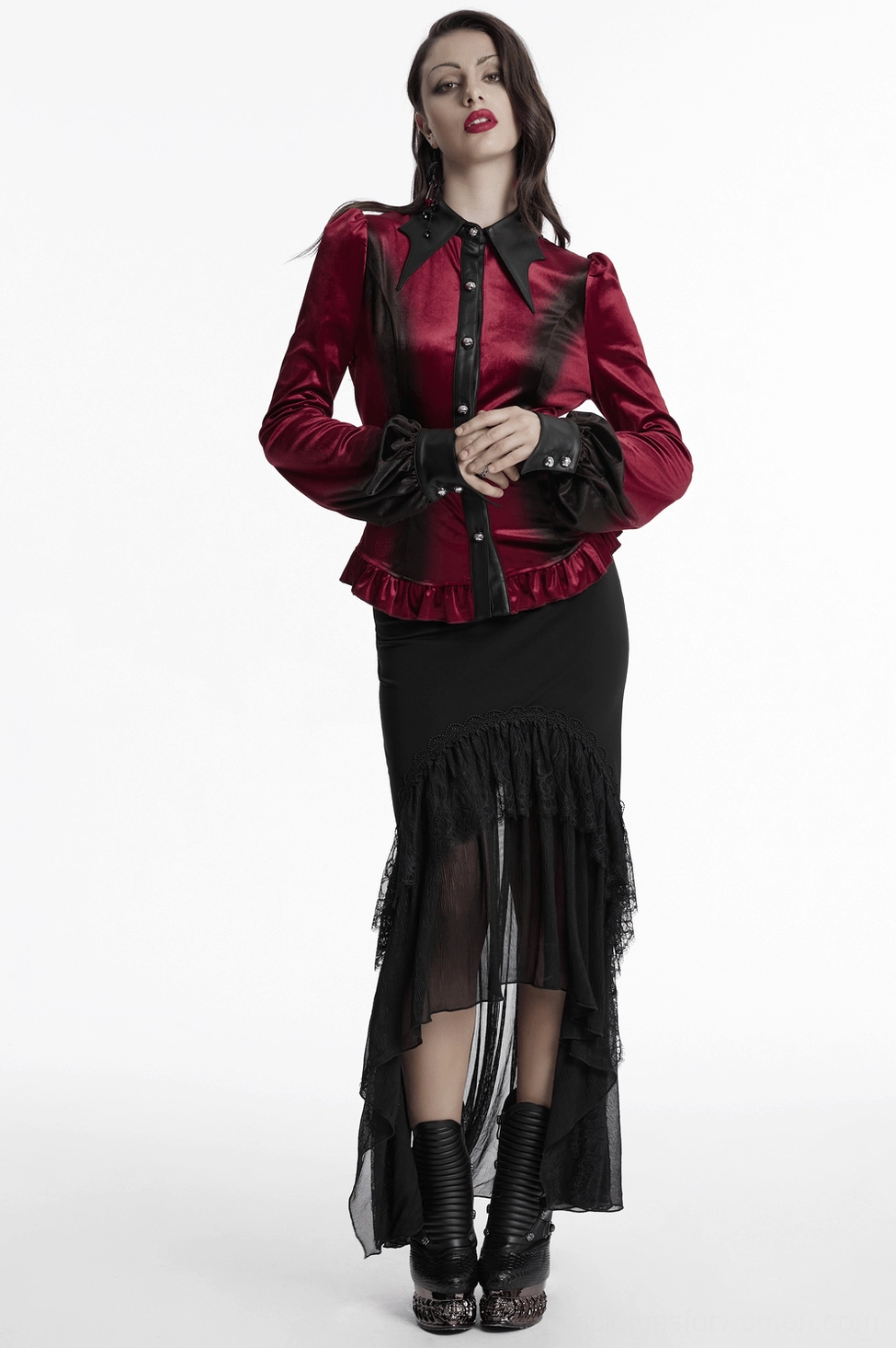 Burgundy Gothic blouse back view showing lace-up corset detail and bell sleeve construction