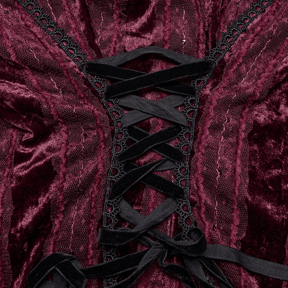 Extreme close-up of burgundy gothic blouse back corset lace-up closure showing black velvet ribbon lacing and delicate lace trim border detail