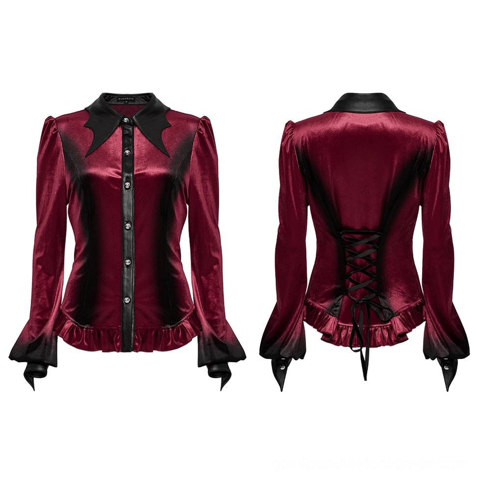Burgundy Gothic blouse flat lay front and back showing batwing collar contrast trim and ruffle hem
