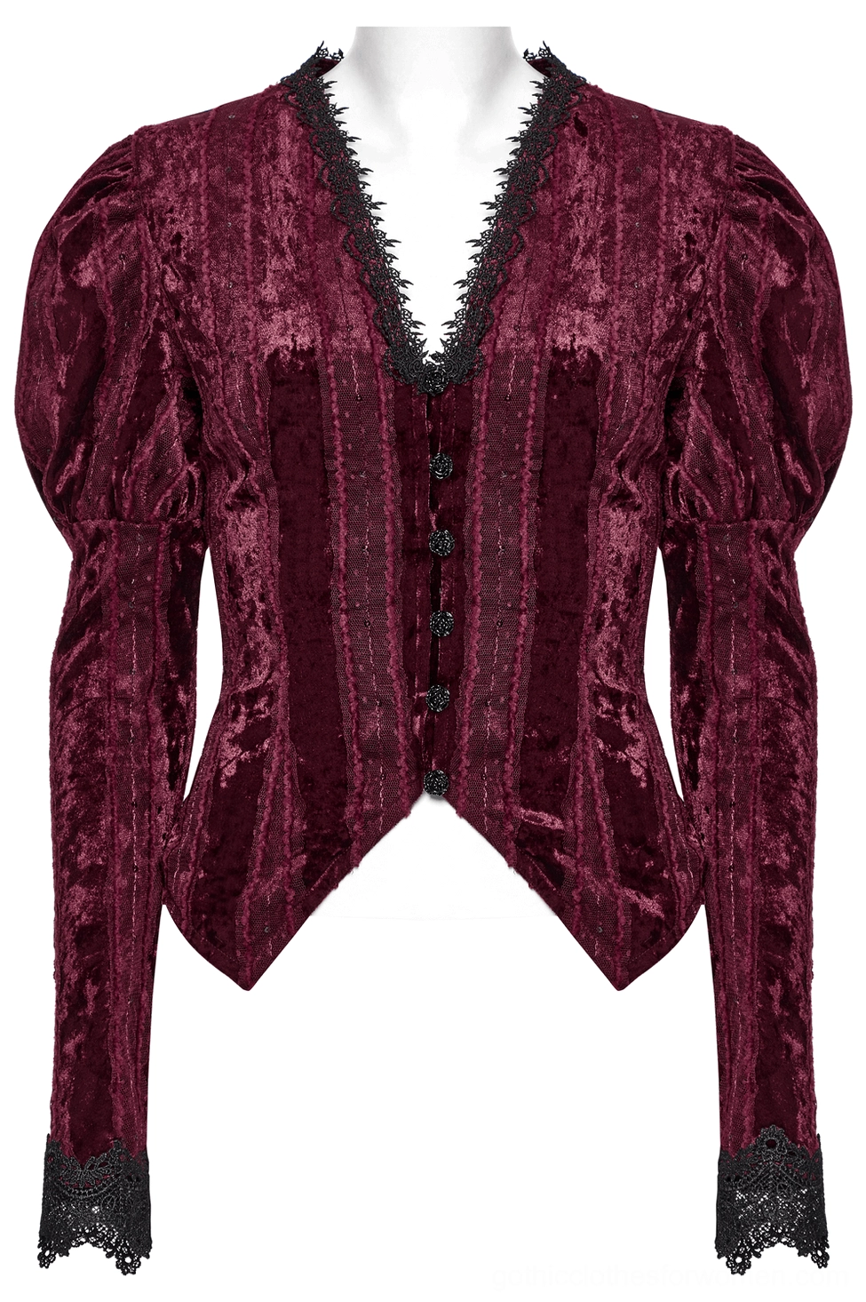 Front flat lay of burgundy velvet gothic blouse on dress form showing V-neckline with lace trim, button placket, and asymmetrical hem construction