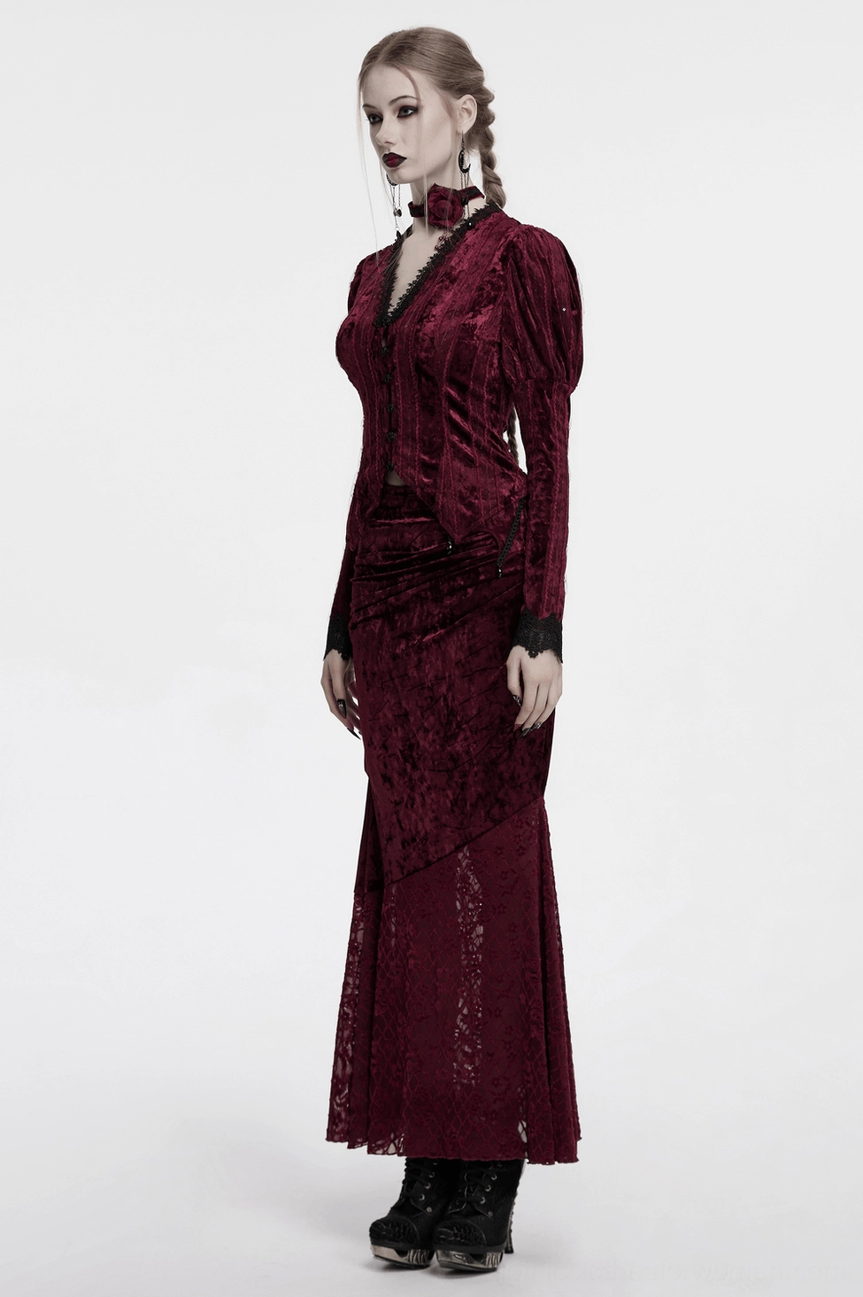 Full-length styling view of burgundy velvet gothic blouse with gigot sleeves and lace-up back worn with alternative gothic accessories