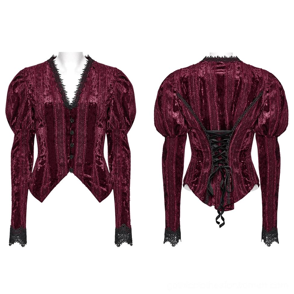 Burgundy striped velvet gothic blouse displayed on dress form mannequins showing front and back silhouette with gigot sleeves and lace cuff details