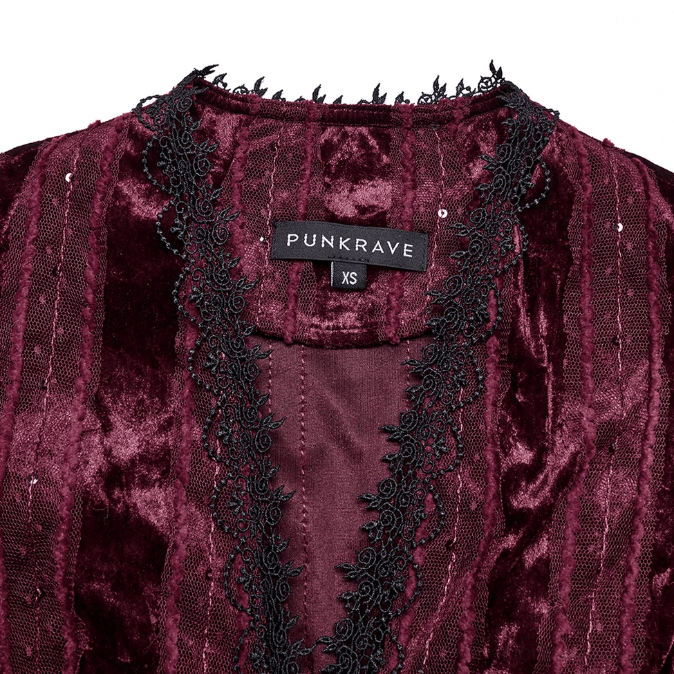 Close-up detail of burgundy gothic blouse V-neckline with black lace trim and PUNKRAVE brand label on collar