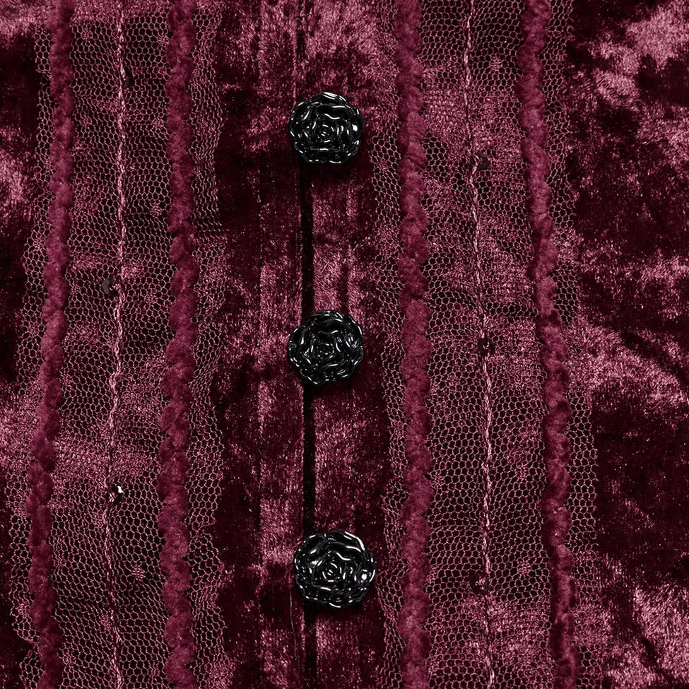 Close-up of burgundy velvet gothic blouse front placket showing rose-shaped black button embellishments on striped velvet fabric