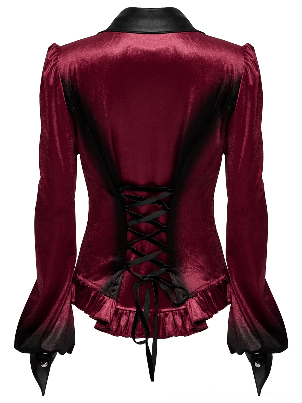 Burgundy velvet Gothic blouse rear flat lay showing ruffled hem and texture detail