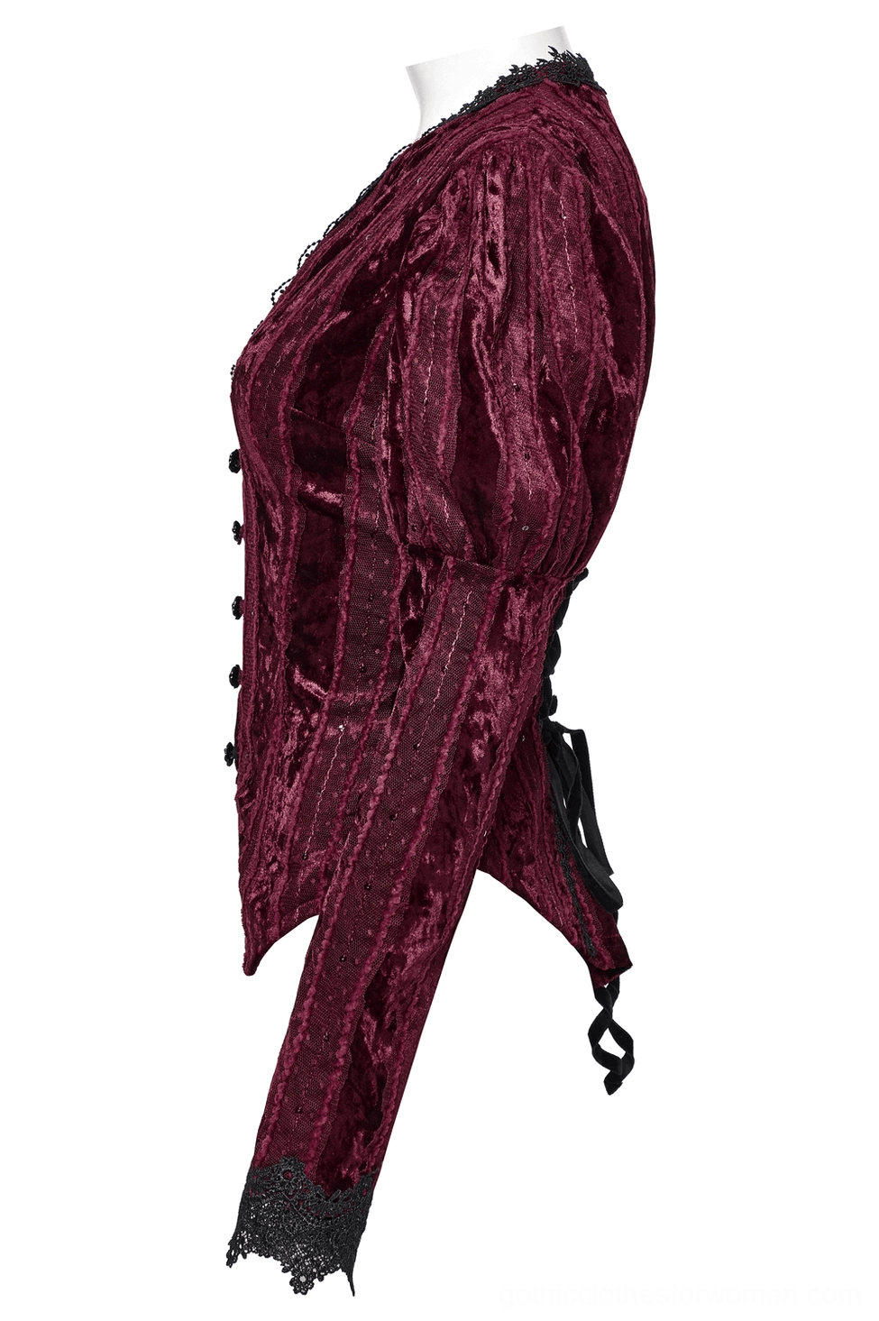 Right side view of burgundy striped velvet gothic blouse on dress form highlighting lace-up back corset closure and gigot sleeve structure