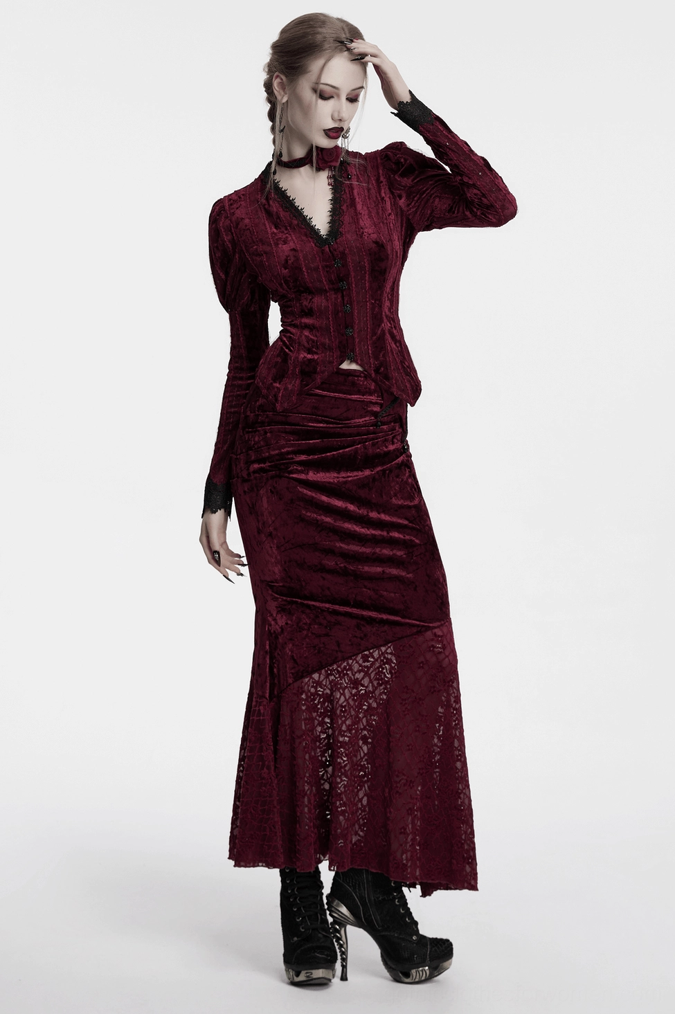Three-quarter view of burgundy striped velvet gothic blouse showing silhouette, sleeve structure, and overall proportions on dress form