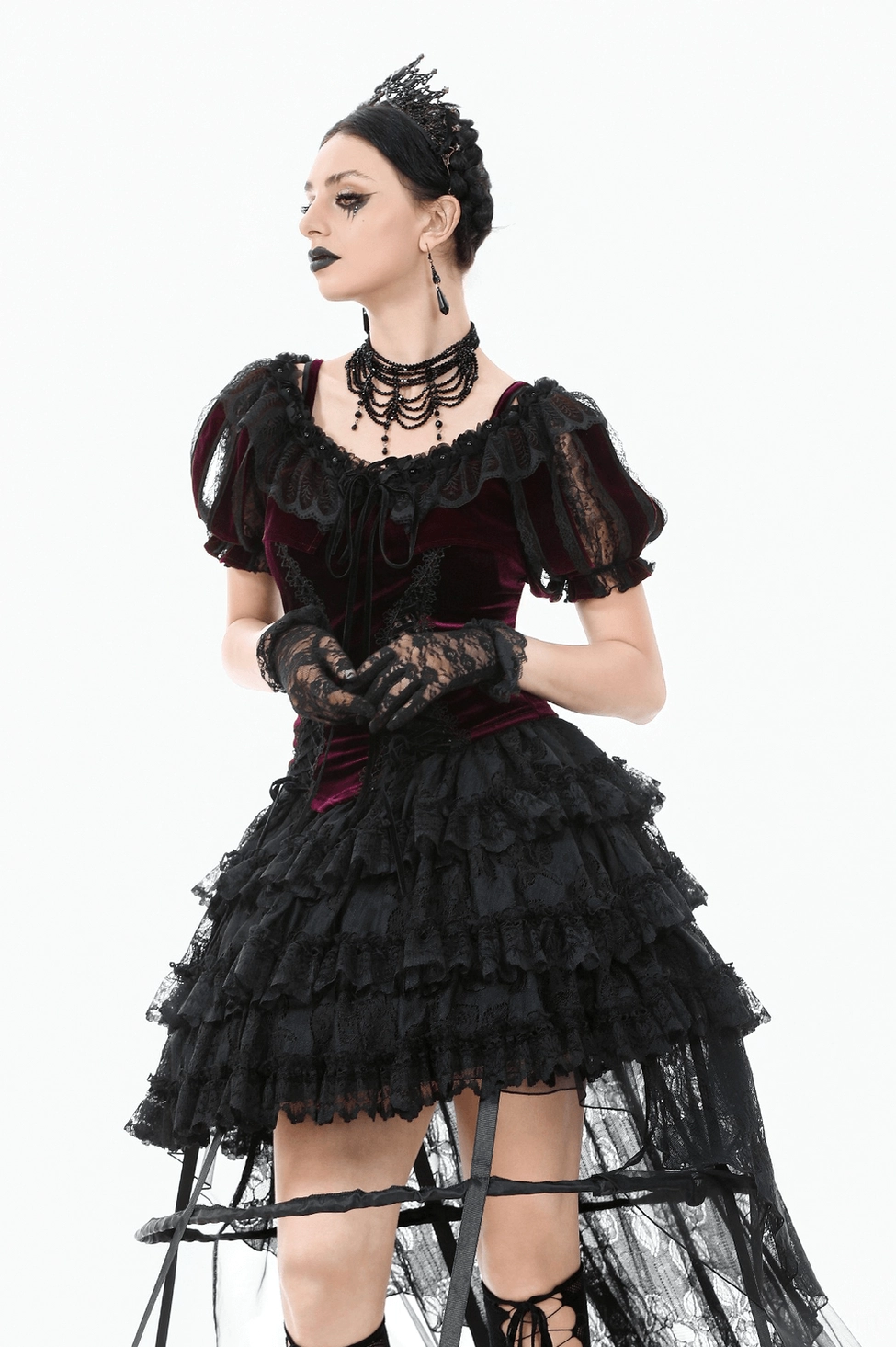 Burgundy gothic bolero shrug with rose appliqué detail against contrasting lace background