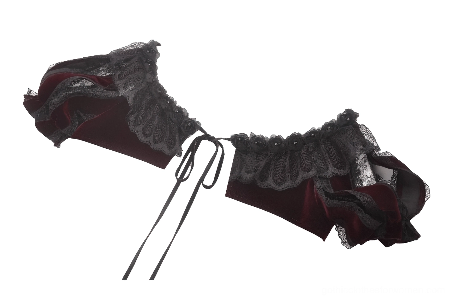 Side flat lay view of burgundy gothic bolero with tie-up closure and delicate lace-trimmed sleeves