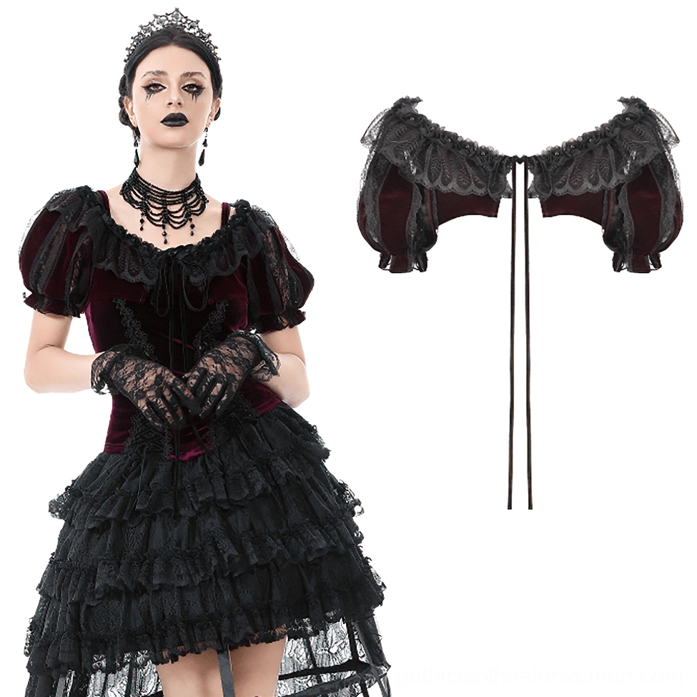 Burgundy gothic bolero with black lace paired with tiered ruffle skirt and choker, displayed on model and flat lay