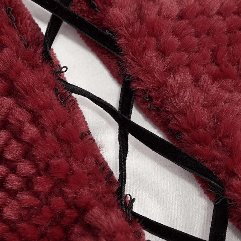 Wine red hooded gothic cape back view showing full length drape and feather trim fringe