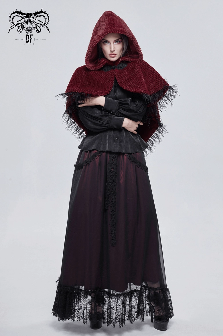 Wine red gothic cape showing full length profile with feather fringe and textured plush fabric
