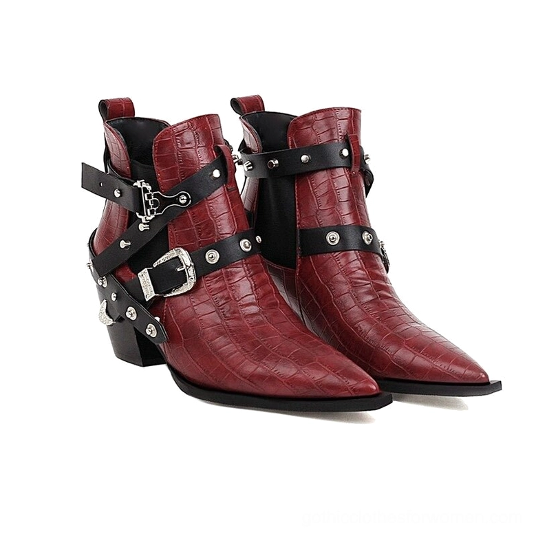 Burgundy chunky heel pointed toe gothic ankle boots with multi-buckle straps front side view