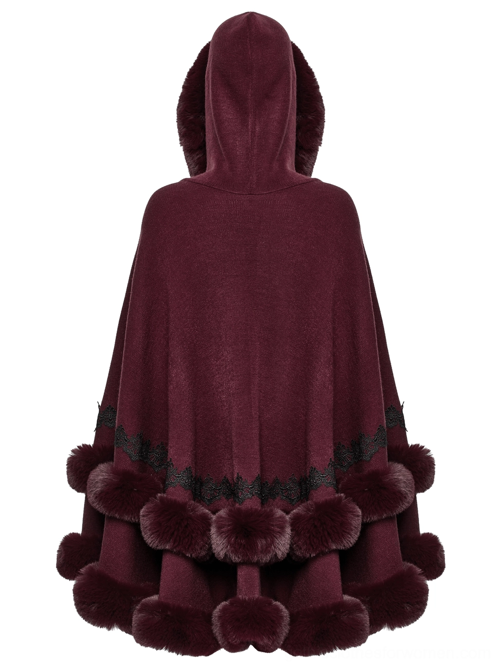 Back full shot of burgundy hooded cloak mannequin with solid back design and layered fur trims