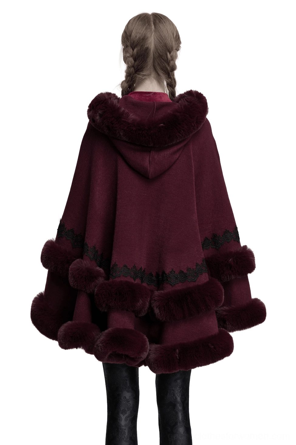 Back view of burgundy hooded cloak showing layered faux fur pom-pom trims and hood detail