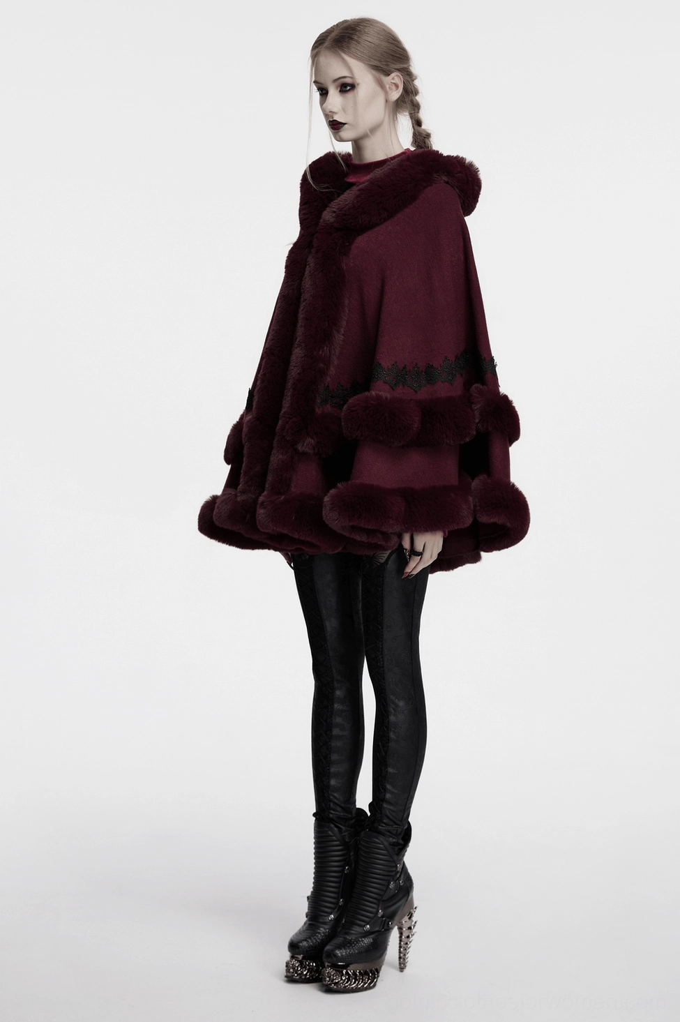 Burgundy hooded cloak worn by goth model with braided hair in studio demonstrating full styling