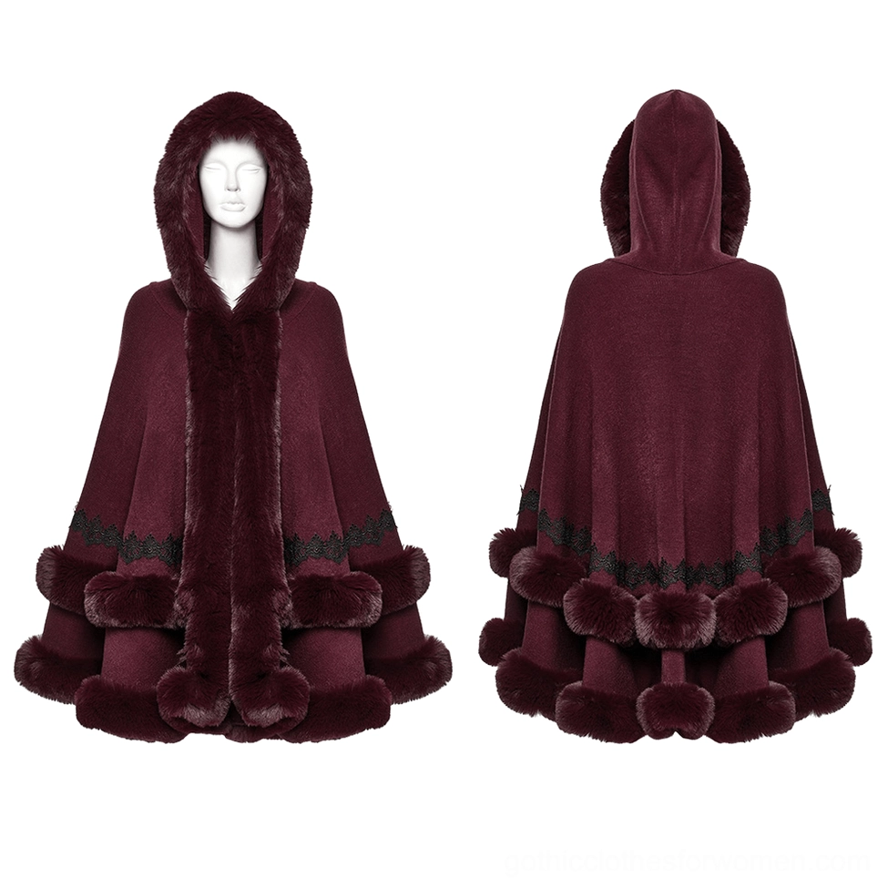 Burgundy hooded cloak flat lay front and back mannequin display with fur trim and lace details