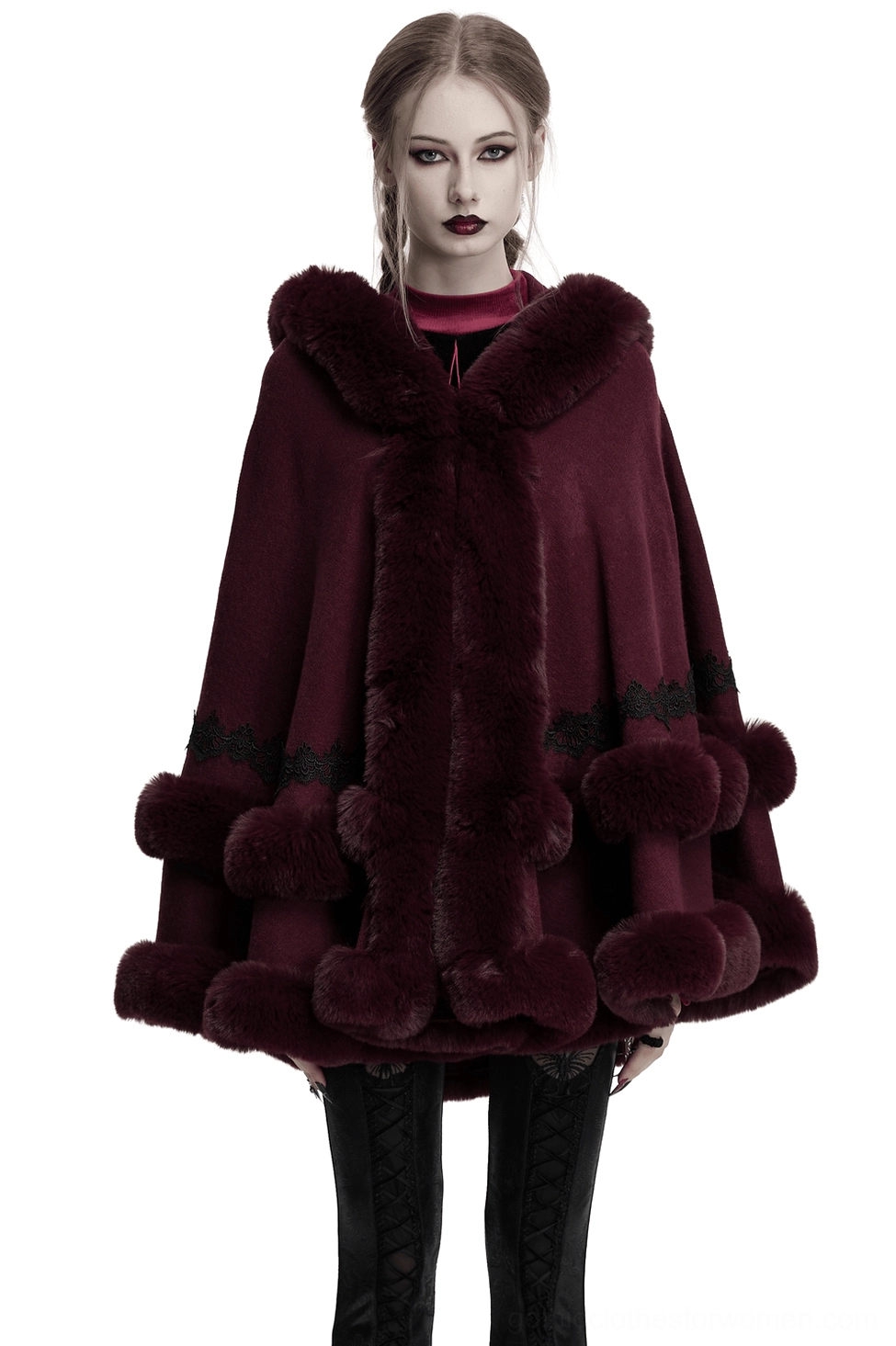 Burgundy gothic hooded cloak front view with faux fur trim and black lace hem detail on white background