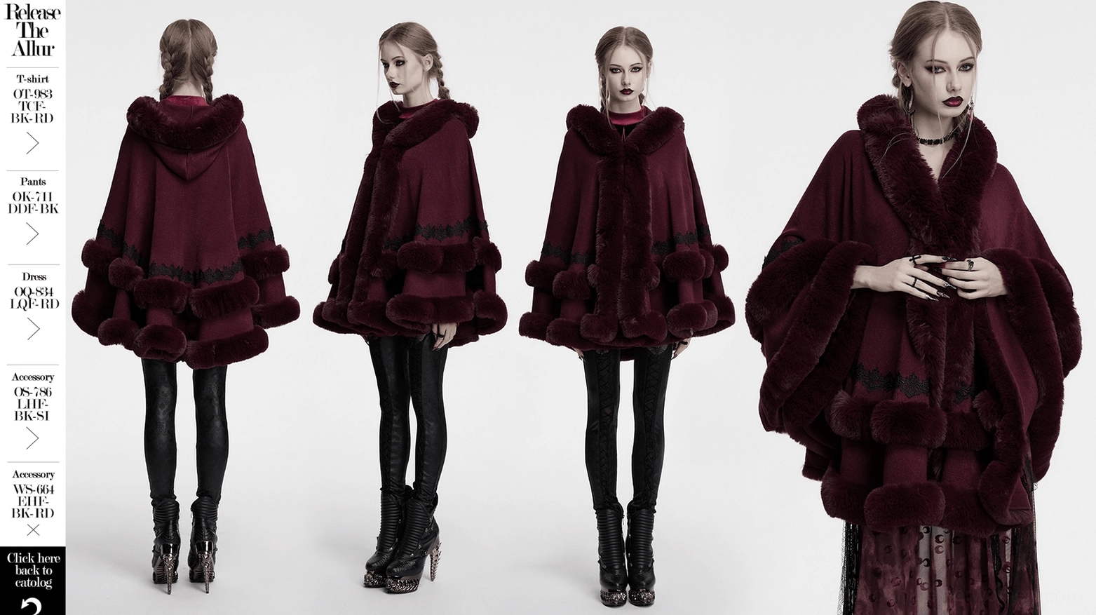 Burgundy hooded gothic cloak full product display front view with model showcasing theatrical aesthetic