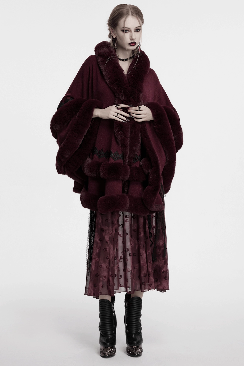 Burgundy gothic cloak detail showing hood coverage and faux fur trim construction quality