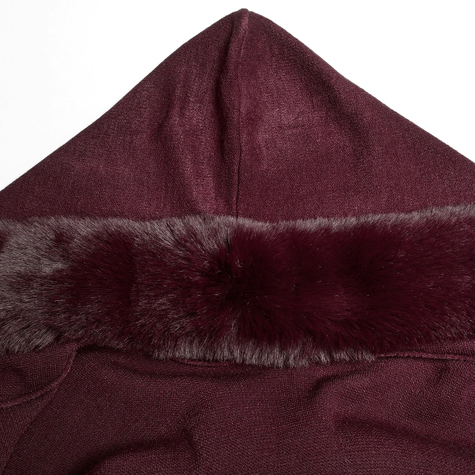 Close-up detail of burgundy gothic cloak hood trim showing grey-tipped faux fur on fleece