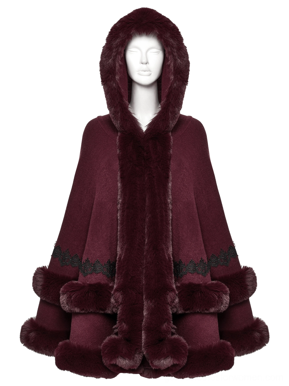 Burgundy gothic cloak mannequin front view with covered hood and black lace stripe accent