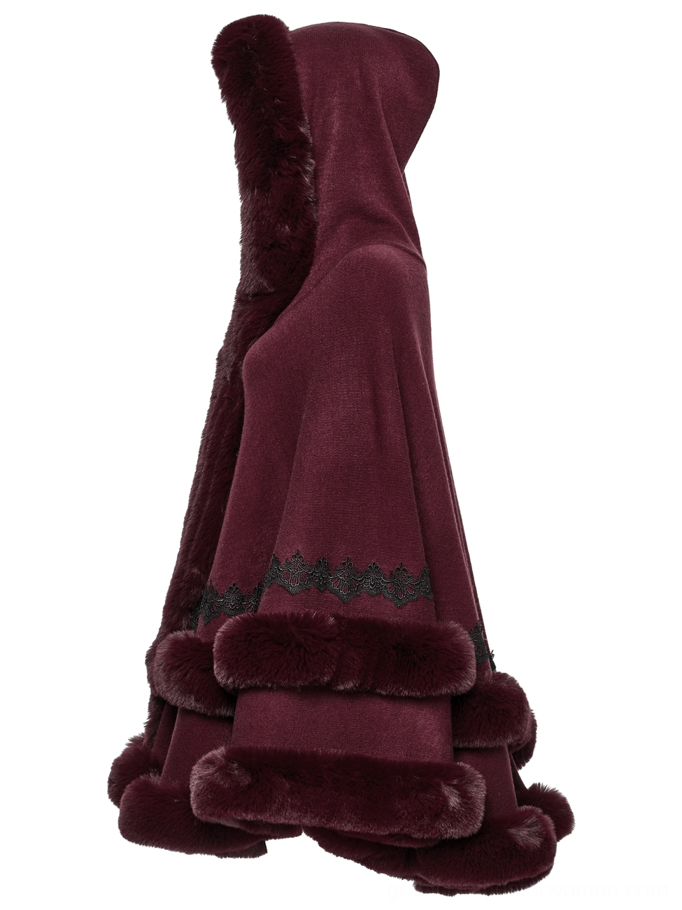 Side rear view of burgundy hooded cloak showing draped cape silhouette and hood structure