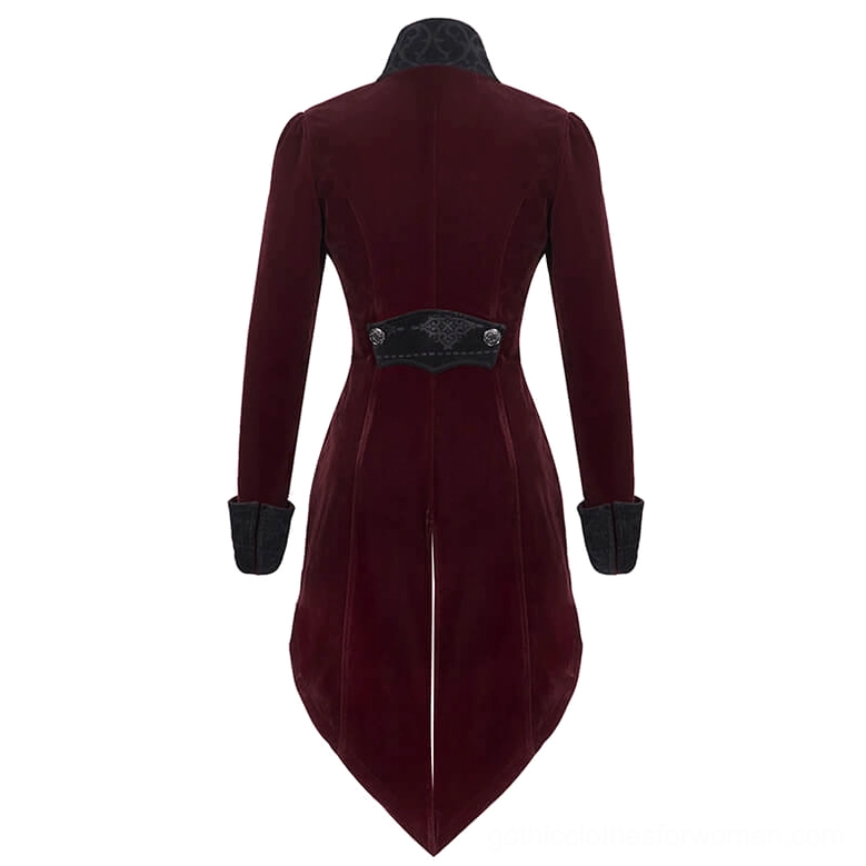 Burgundy gothic coat back view on mannequin - split rear hem and decorative waist panel