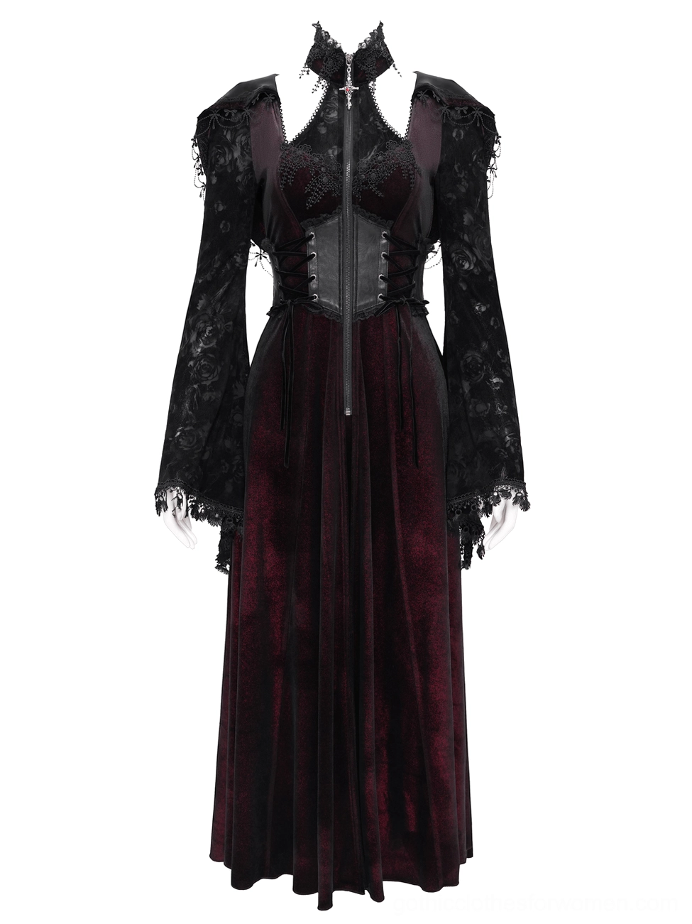 Dark fashion burgundy maxi dress-coat hybrid with black lace sleeves and front zipper, front view without attached hood variant