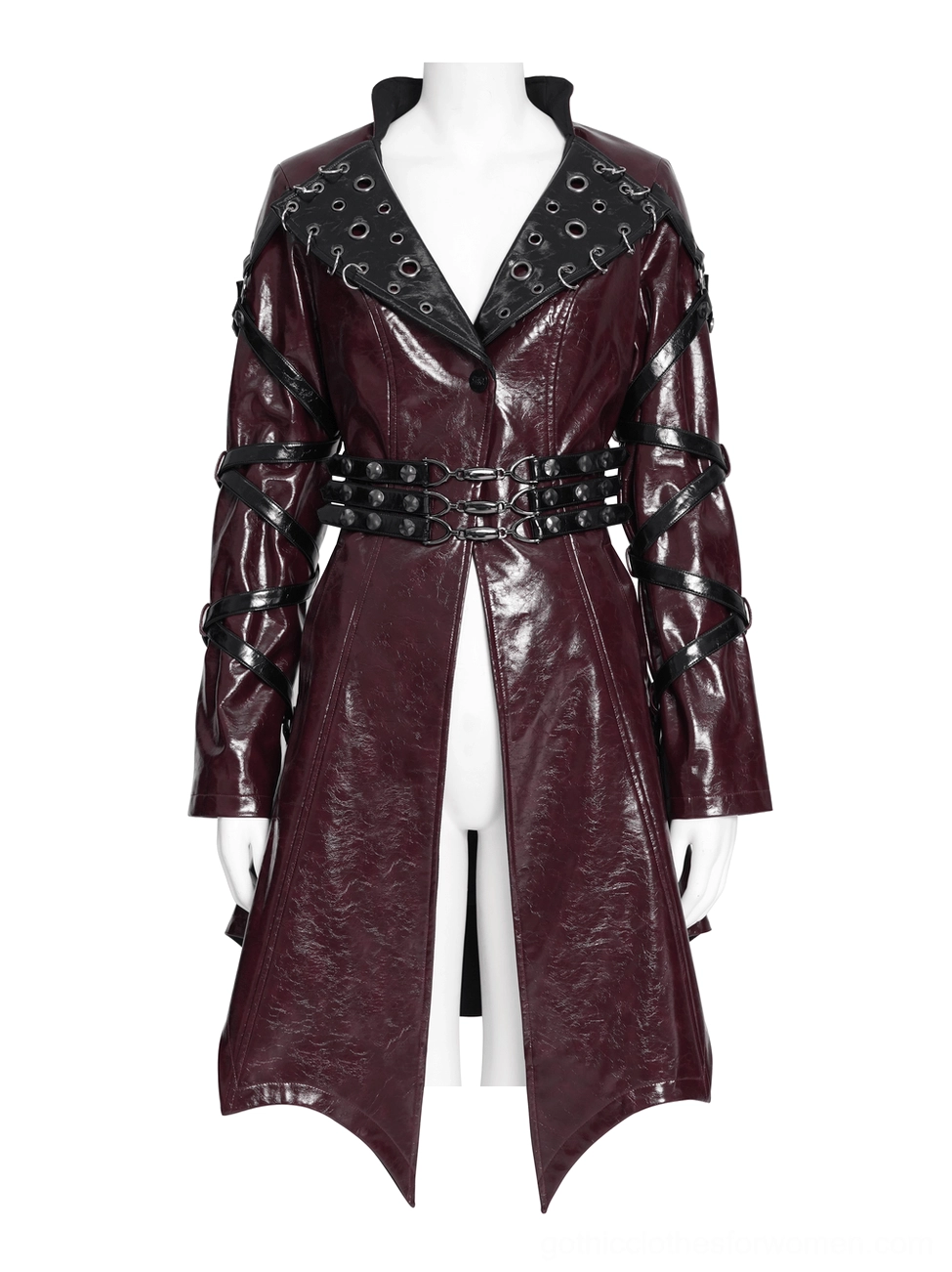 Women's burgundy gothic harness coat full-body front view on mannequin featuring asymmetrical hem and structured waist design