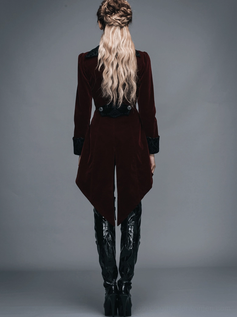Burgundy gothic coat overall presentation - vintage steampunk style and Victorian elegance