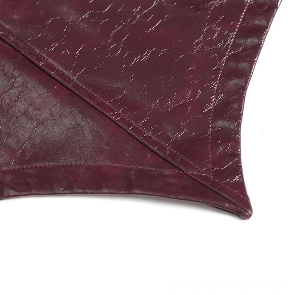 Burgundy patent leather gothic coat texture close-up highlighting glossy synthetic leather finish and seam quality