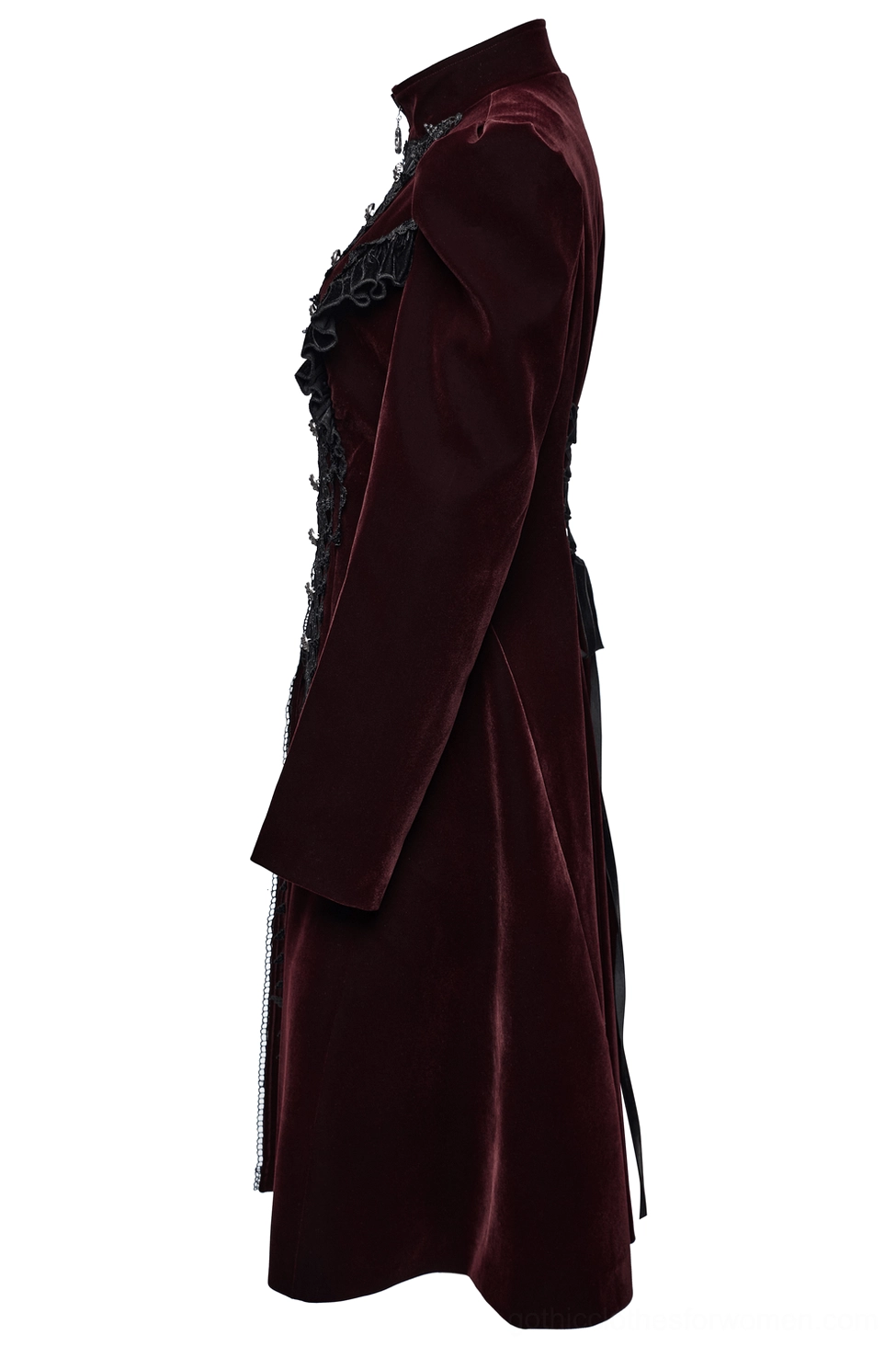 Side profile view of wine-red velvet gothic coat showing tailored fit and A-line silhouette