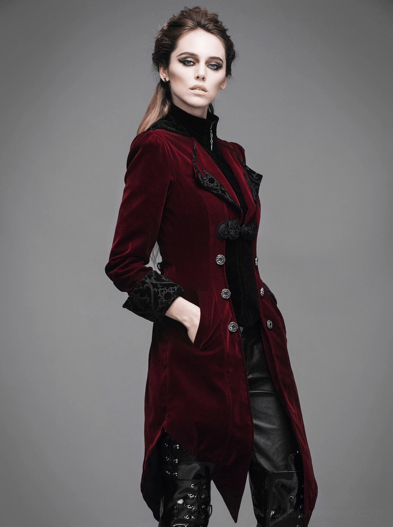 Burgundy velvet gothic coat side profile - demonstrates fitted cut and sleeve design