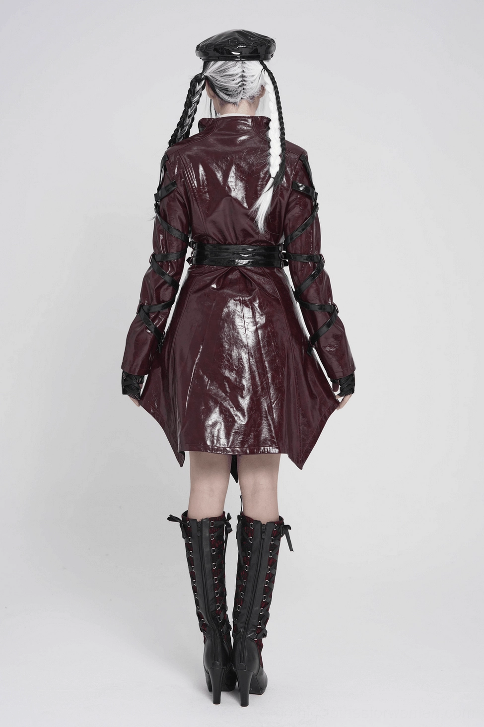 Burgundy faux leather gothic coat overall silhouette detail emphasizing fitted cut and dramatic pointed asymmetrical hemline