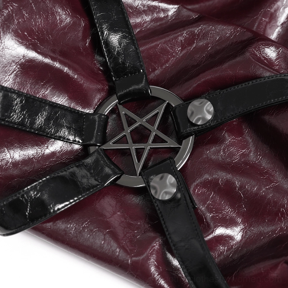 Burgundy patent leather gothic coat waist buckle panel details showcasing layered structural design and metal accents