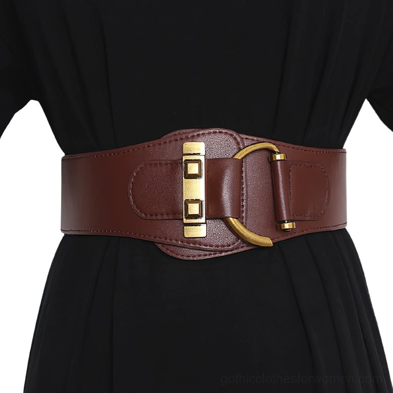 Burgundy gothic corset leather belt with gold hardware displayed on model wearing black dress