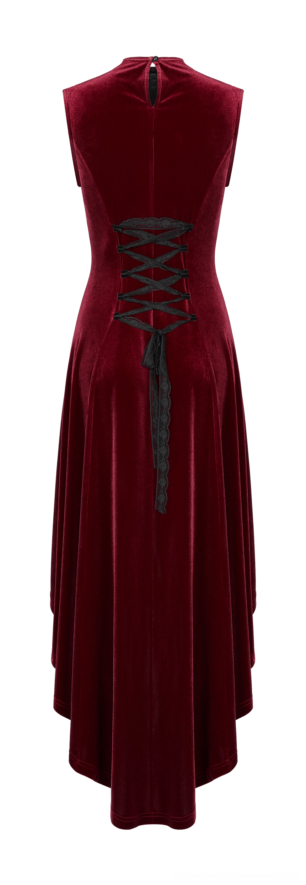 Burgundy velvet gothic dress back flat lay showing black corset lace-up straps, rear zipper, and floor-length hem
